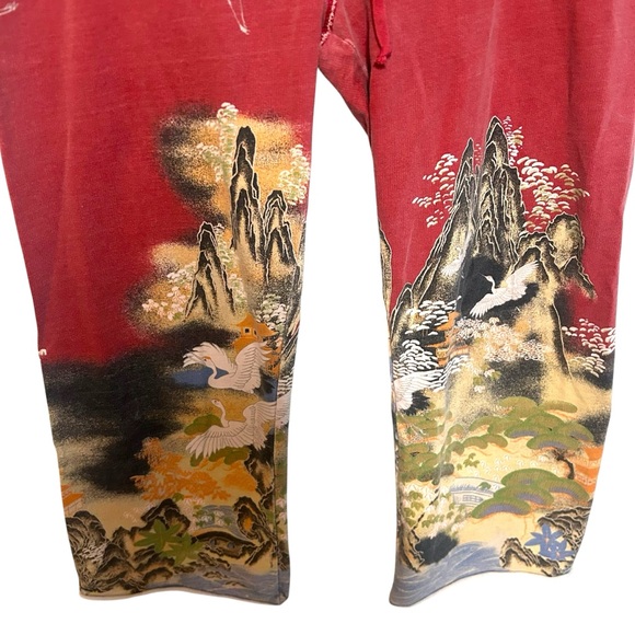 Y2K lucky brand M-L sweatpants cropped crane AOP Asian graphic indie vintage - Picture 10 of 16